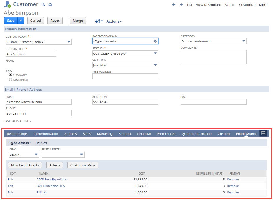 Sample Customer page with Fixed Assets subtab highlighted.