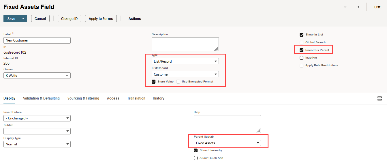 Fixed Assets Field page highlighting fields related to establishing the parent-child relationship.