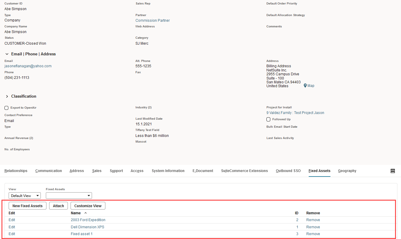 Sample Customer record highlighting the Fixed Assets sublist on the Fixed Assets subtab.