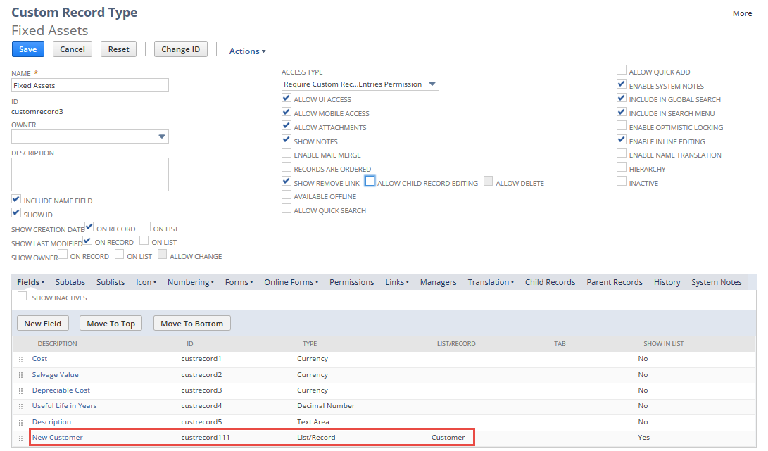 Sample Fixed Assets custom record type highlighting where to find the custom child internal ID.