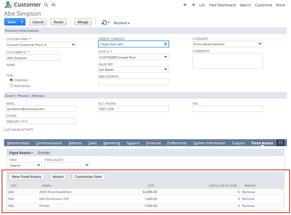 Sample customer record Fixed Assets subtab.