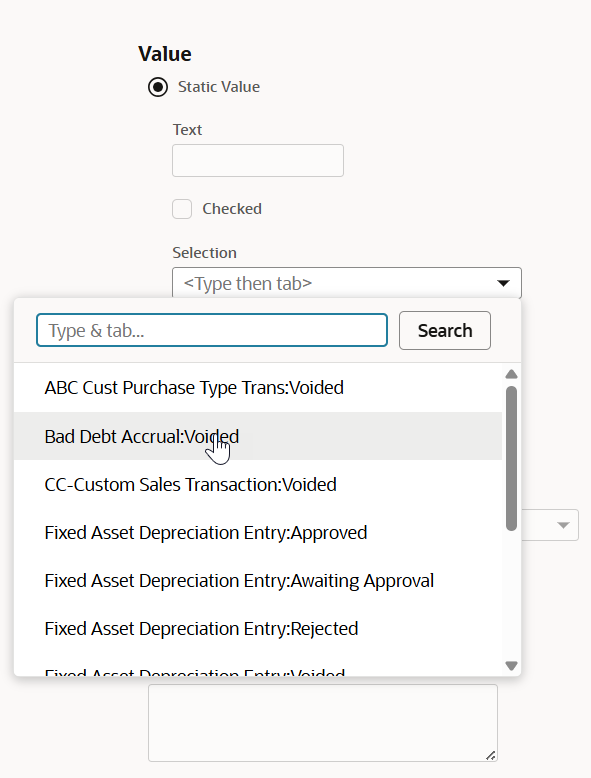 Sample workflow action showing combination of transaction type and status.