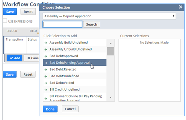 Sample Workflow Condition page where a custom transaction type is used as a workflow condition.