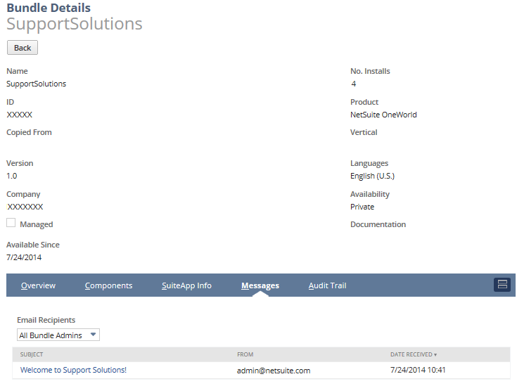 Bundle Details page for Support Solutions Messages subtab.