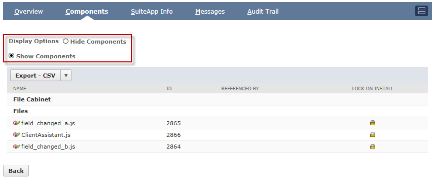 Components subtab with Display Options highlighted and Show Components option selected.