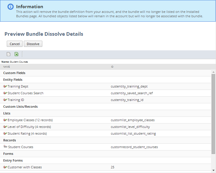 Preview Bundle Dissolve Details page