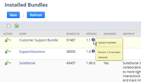 Installed Bundles page with Version icon options highlighted.