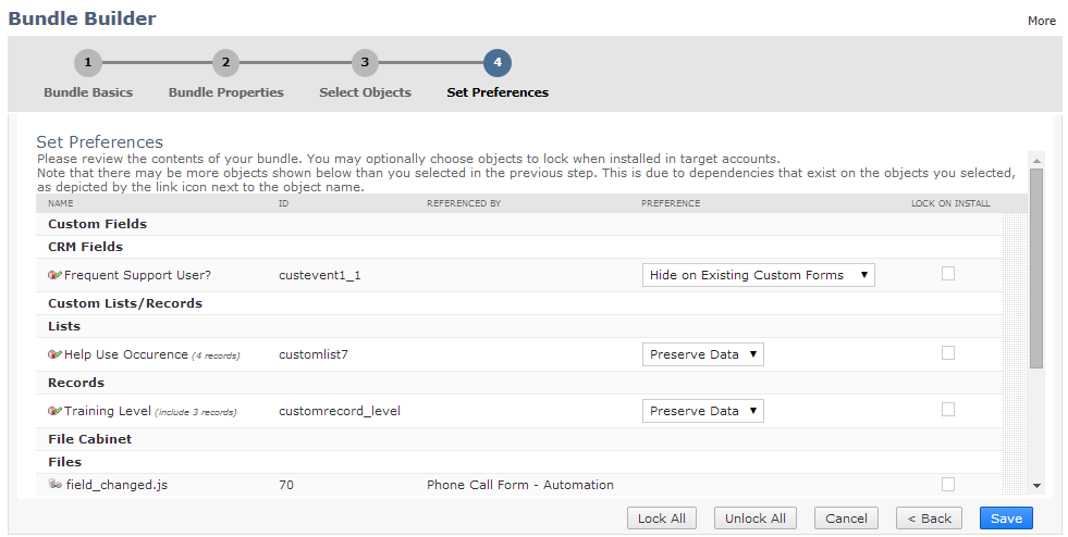 Bundle Builder Set Preferences page