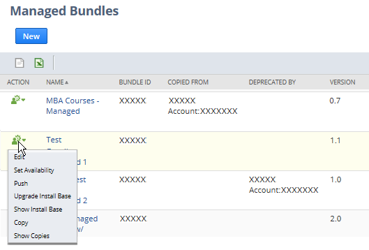 Managed Bundles page with available actions highlighted.