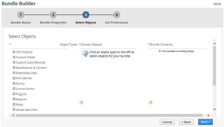Bundle Builder Select Objects page