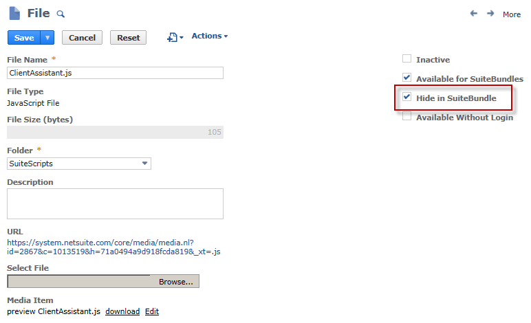 File page highlighting Hide in SuiteBundle box.