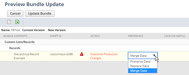 Preview Bundle Update page with Merge Data options highlighted.