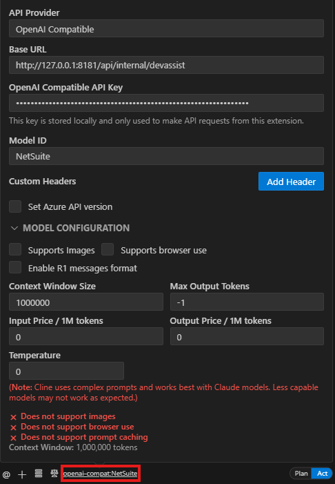 Provider/model selector open showing the fields that need to be filled in