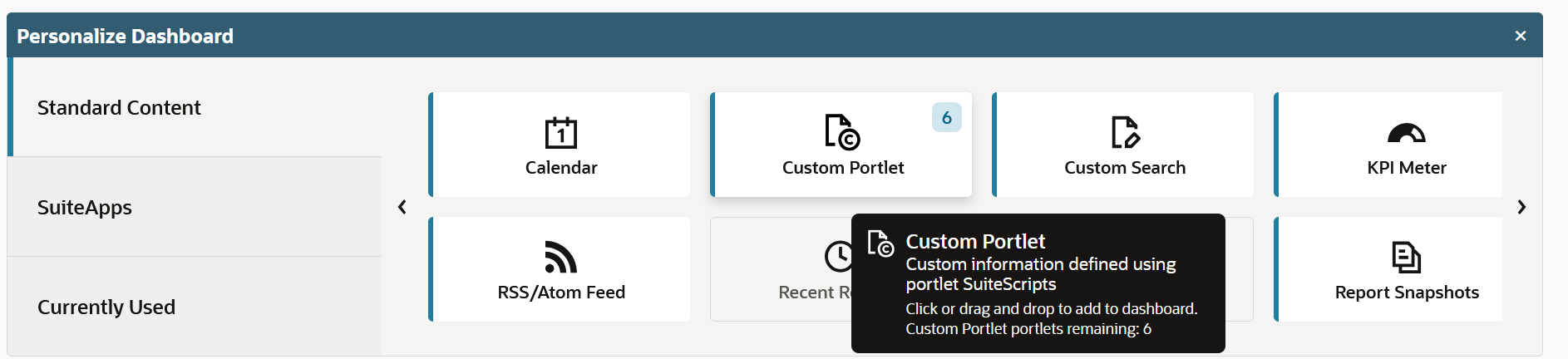 Custom Portlet item on the Personalize Dashboard page.