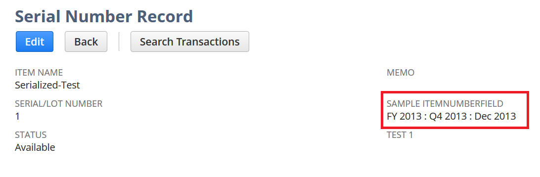 Serial Number Record page with custom item number field highlighted.