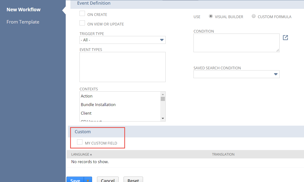 Other Record field included on a form with a Custom field box highlighted.