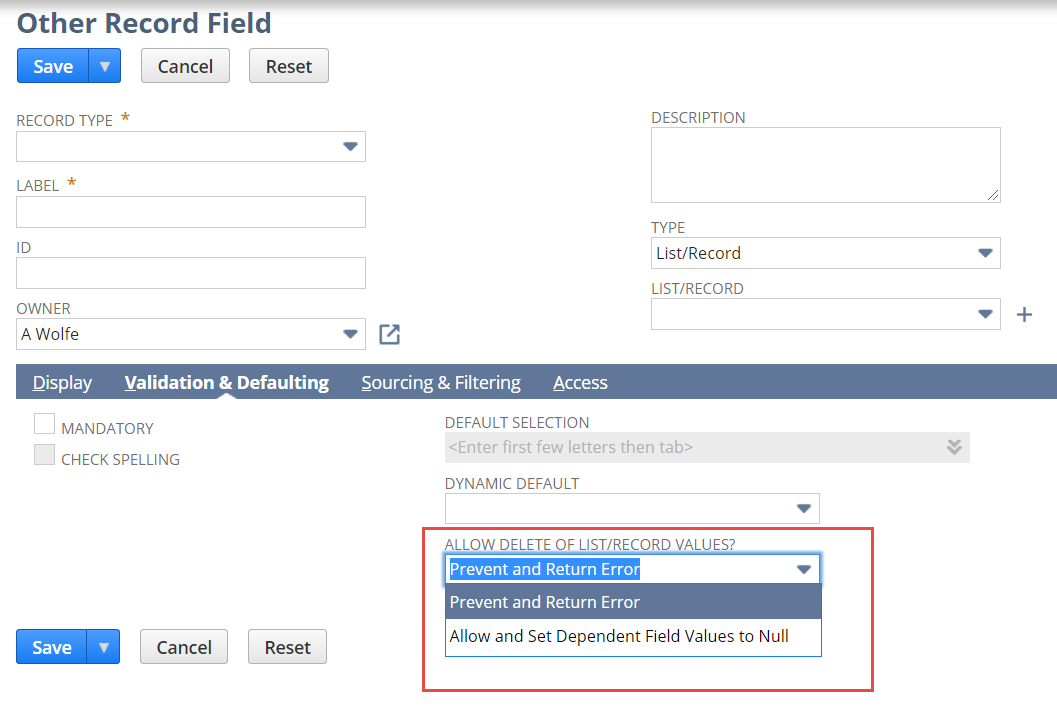 Other Record Field page with Allow Delete of List/Record Values list highlghted on Vaidation & Defaulting tab.