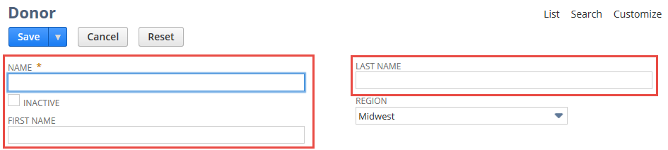 Donor page with fields highlighted.