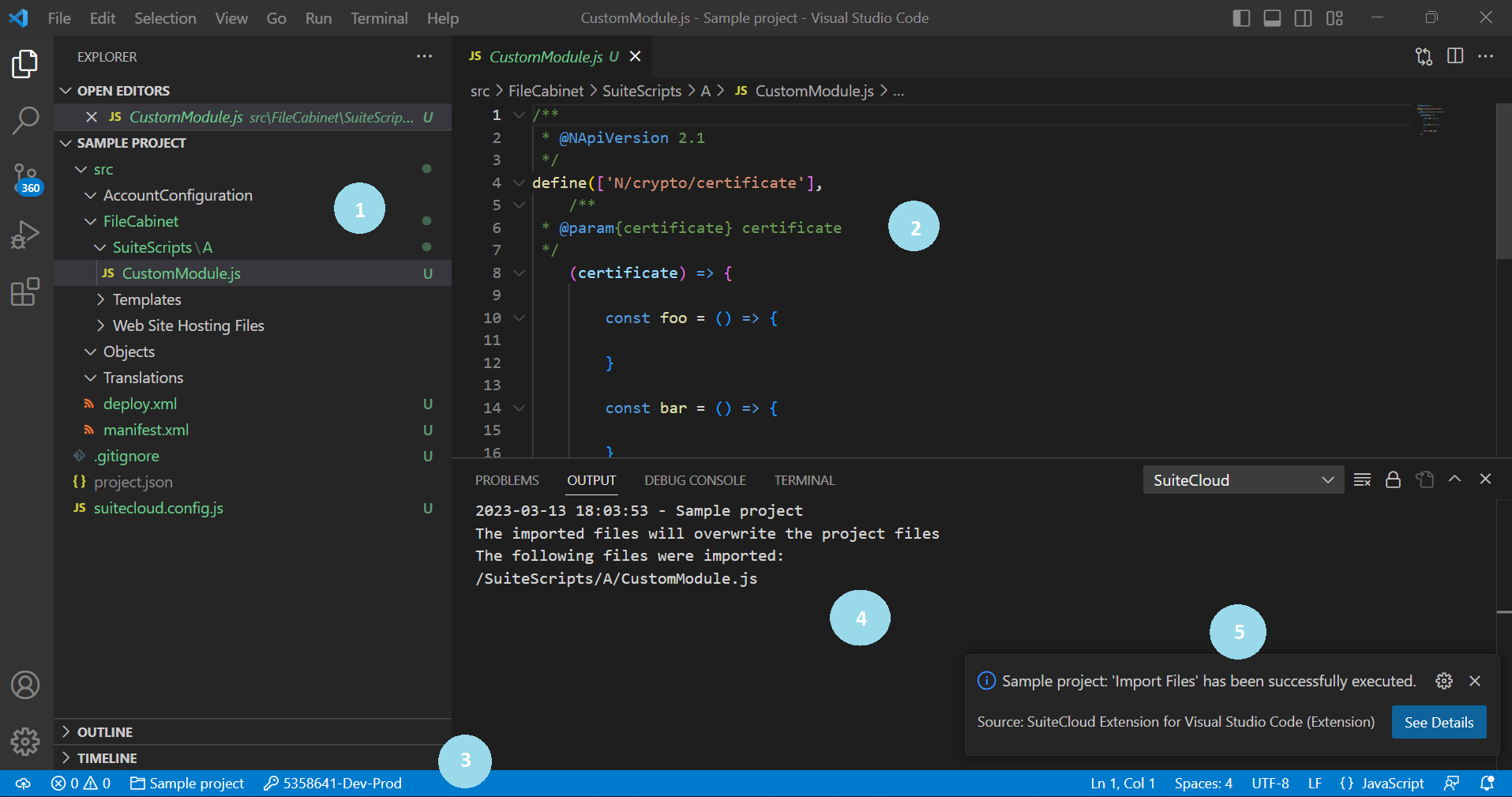 Visual Studio Cloud with SuiteCloud Exentsion components highlighted.