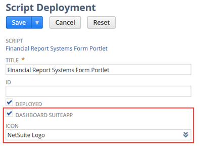 Script deployment record for a porlet with Dashboard SuiteApp and Icon highlighted.