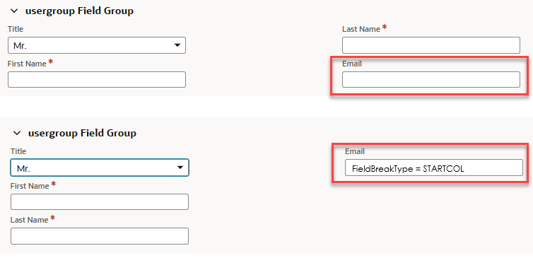 Usergroup Field Group Email field highlighted showing FieldBreakType = STARTCOL.