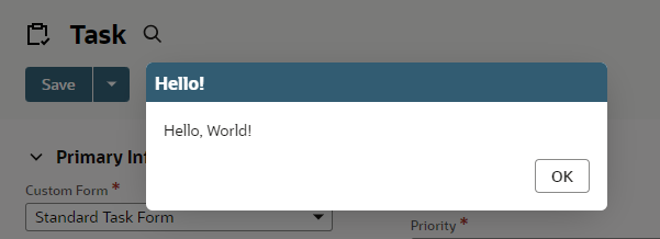 Output from script execution showing Hello, World dialog alert.