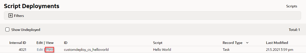 Script Deployments page with View link highlighted.