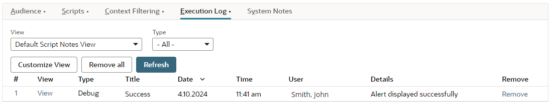 Execution Log subtab on Script Deployments page.