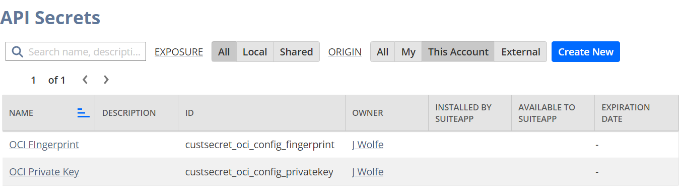 API Secrets page, showing the newly created API secrets
