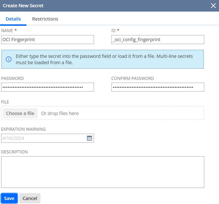 Create New Secret dialog with fields completed as described in the procedure