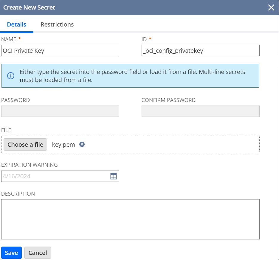 Create New Secret dialog with fields completed as described in the procedure.