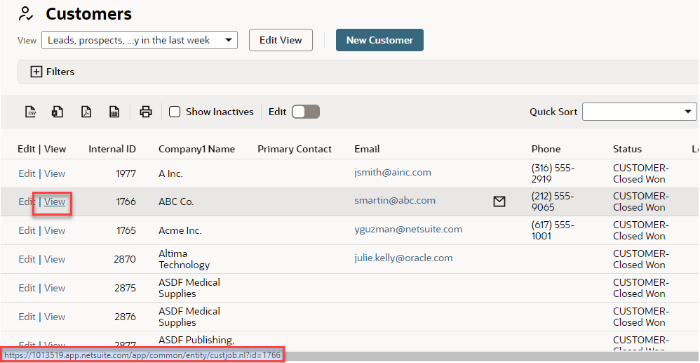 The Customers page showing the internal record ID displayed on hover over View link.