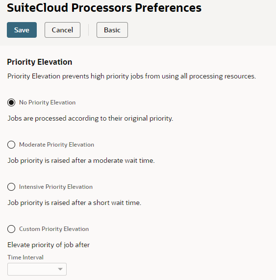 The SuiteCloud Processors Preferences page with No Priority Elevation selected.