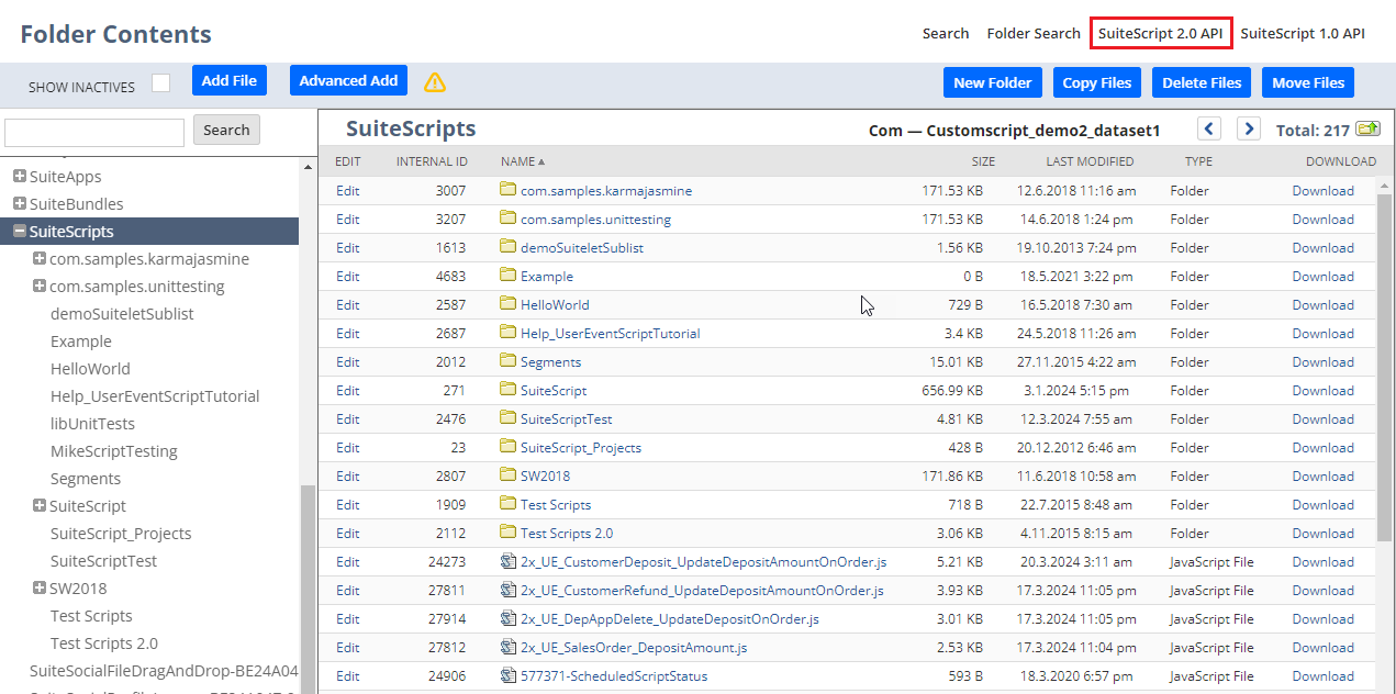 The File Cabinet Folder Contents page with SuiteScript API link highlighted.