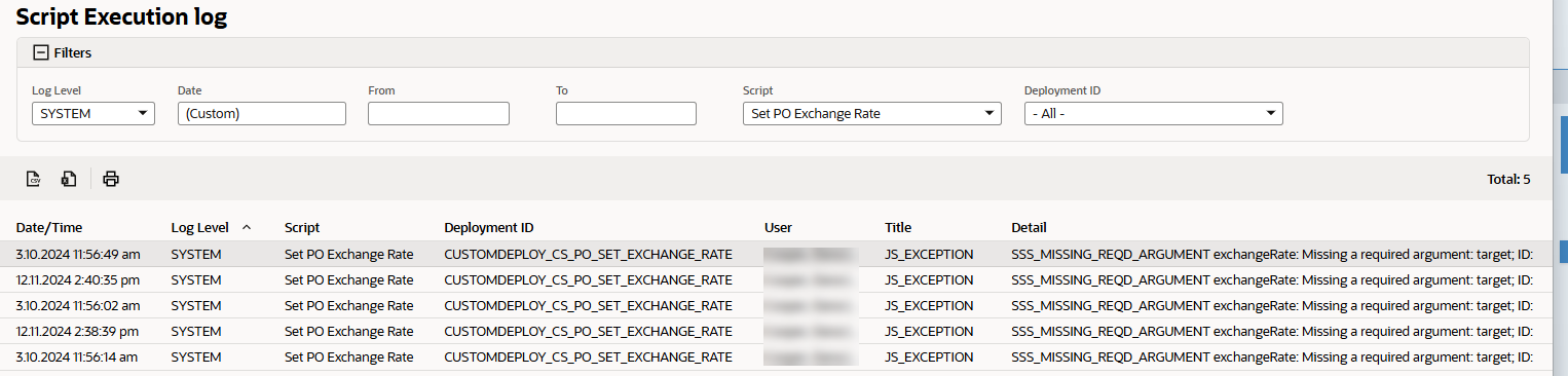 Viewing a List of Script Execution Logs section of the SuiteScript Monitoring, Auditing, and Logging page