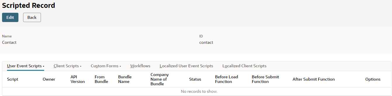 Subtabs on the Scripted Records page include User Event Scripts, Client Scripts, Custom Forms, Localized user Event Scripts, and Localized Client Scripts.