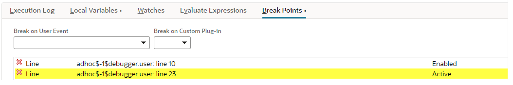 The Script Debugger Break Points tab.