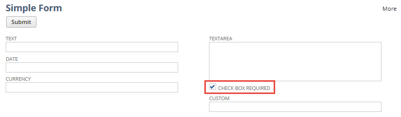 A Simple Form page with the Check Box Required field highlighted.