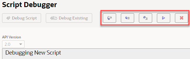 Script Debugger page with the debugger buttons highlighted.