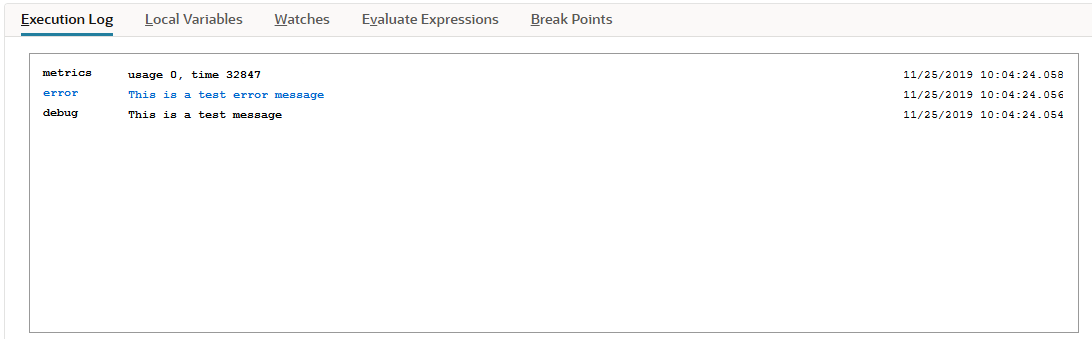 The Script Debugger Execution Log tab.