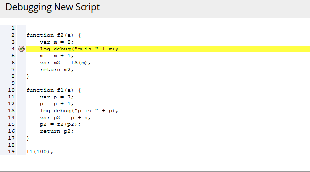 The Script Debugger with a break point on a log.debug statement.