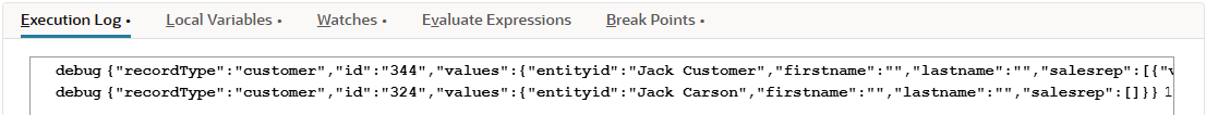 Script Debugger Execution Log tab with two debug statements.