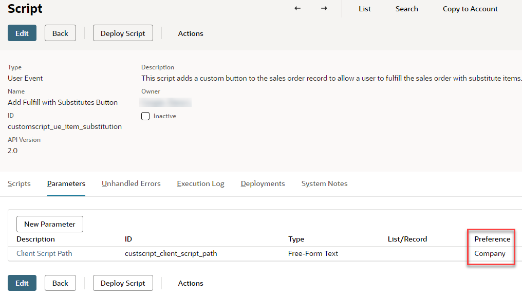 The Script record page Parameters tab with the Preference parameter highlighted.