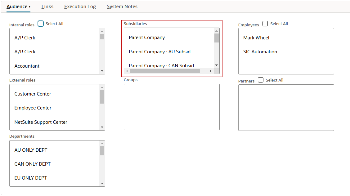 The Script Deployment page using the Audience tab for OneWorld accounts with the Subsidiaries list highlighted.