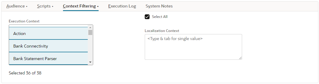 The Script Deployment page Context Filtering tab.