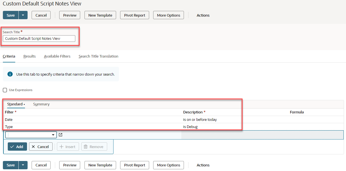 Customized view of the Execution Log with Search Title and Criteria fields highlighted.