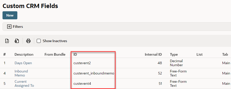 The Custom CRM Fields page with the ID column highlighted.