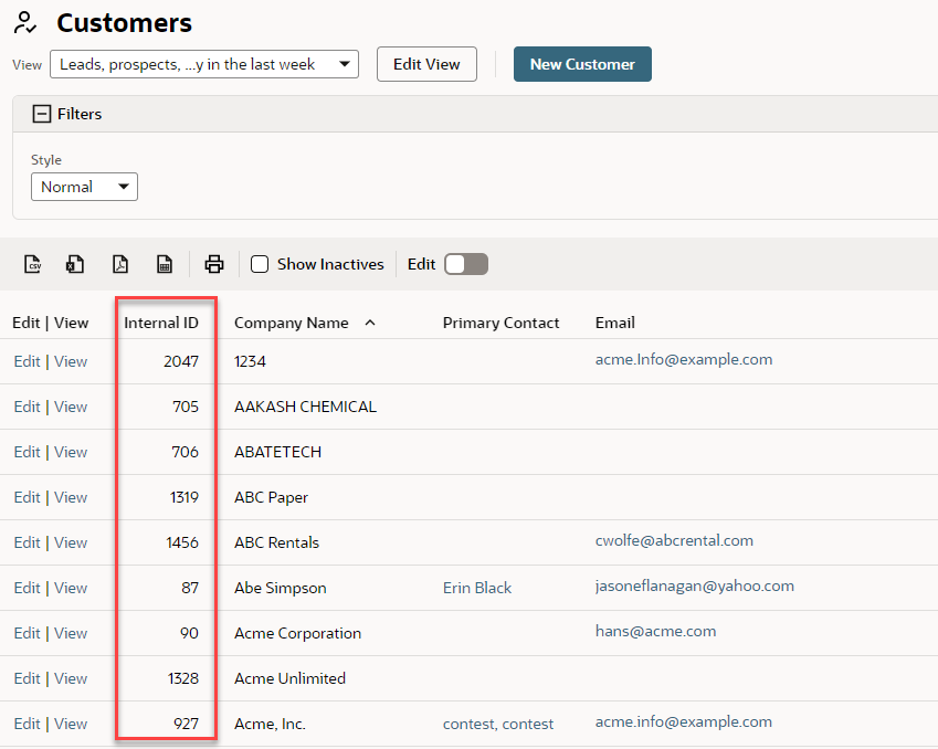 The Customers page with the Internal ID column highlighted.