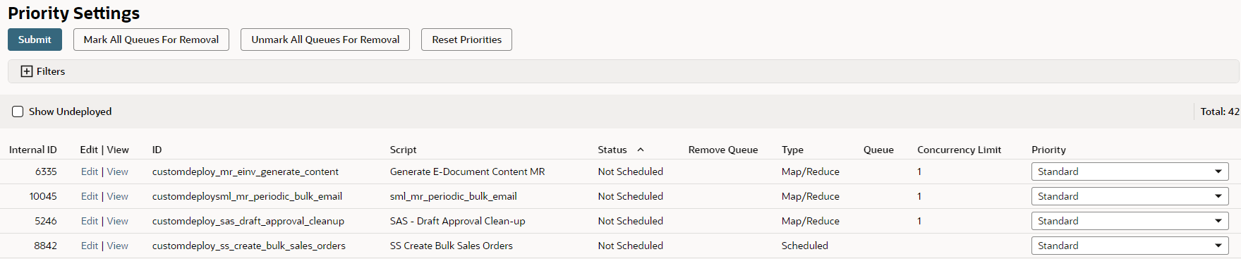 Priority Settings page with four scripts listed for processing.