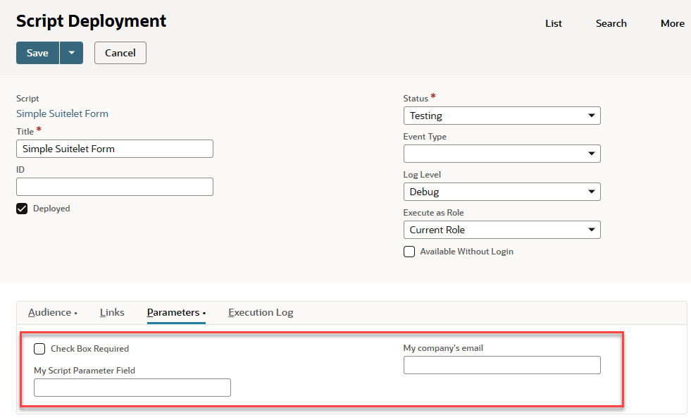 The Script Deployment page with the Parameters tab fields highlighted.